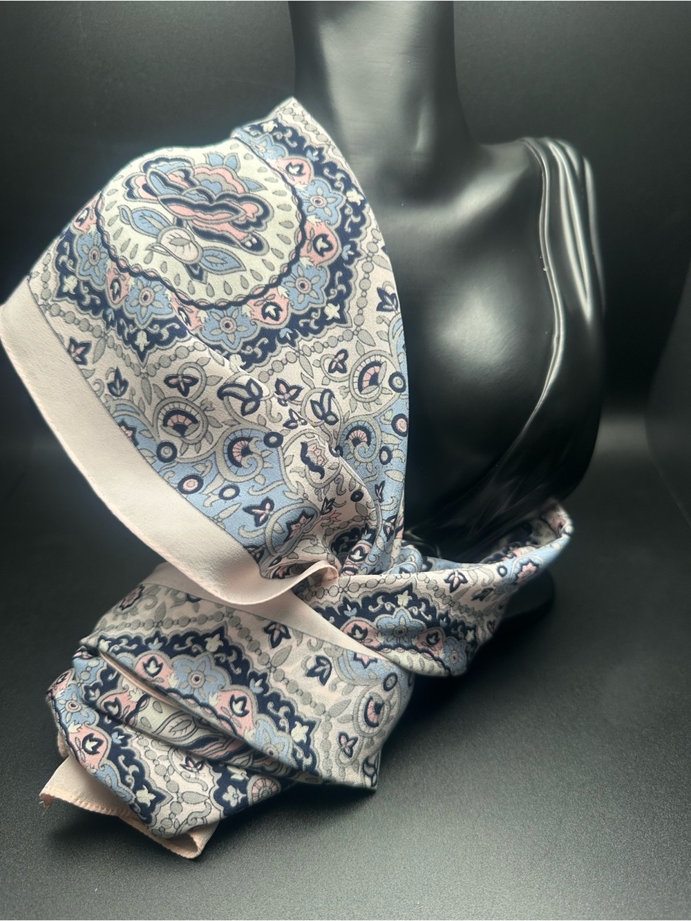 Ginnie Johansen Silk Scarf — Vintage 1989 Damask Medallion, Cream & Navy